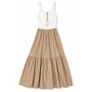 Elan Rib Knit Tank Maxi Dress Tiered Skirt Beige White Size L